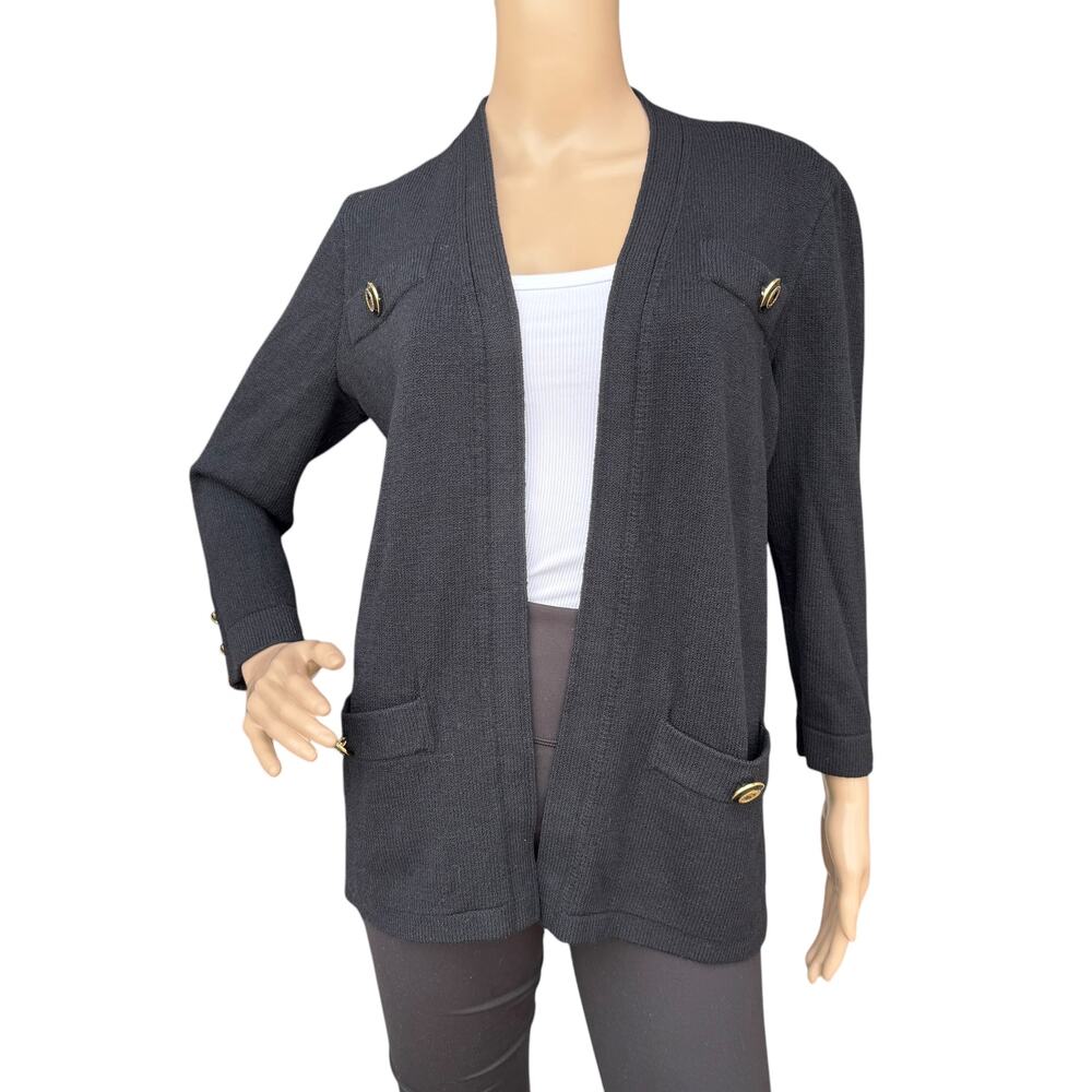 St. John Basics Black Santana Knit Cardigan Sweater Jacket Gold Logo Buttons S